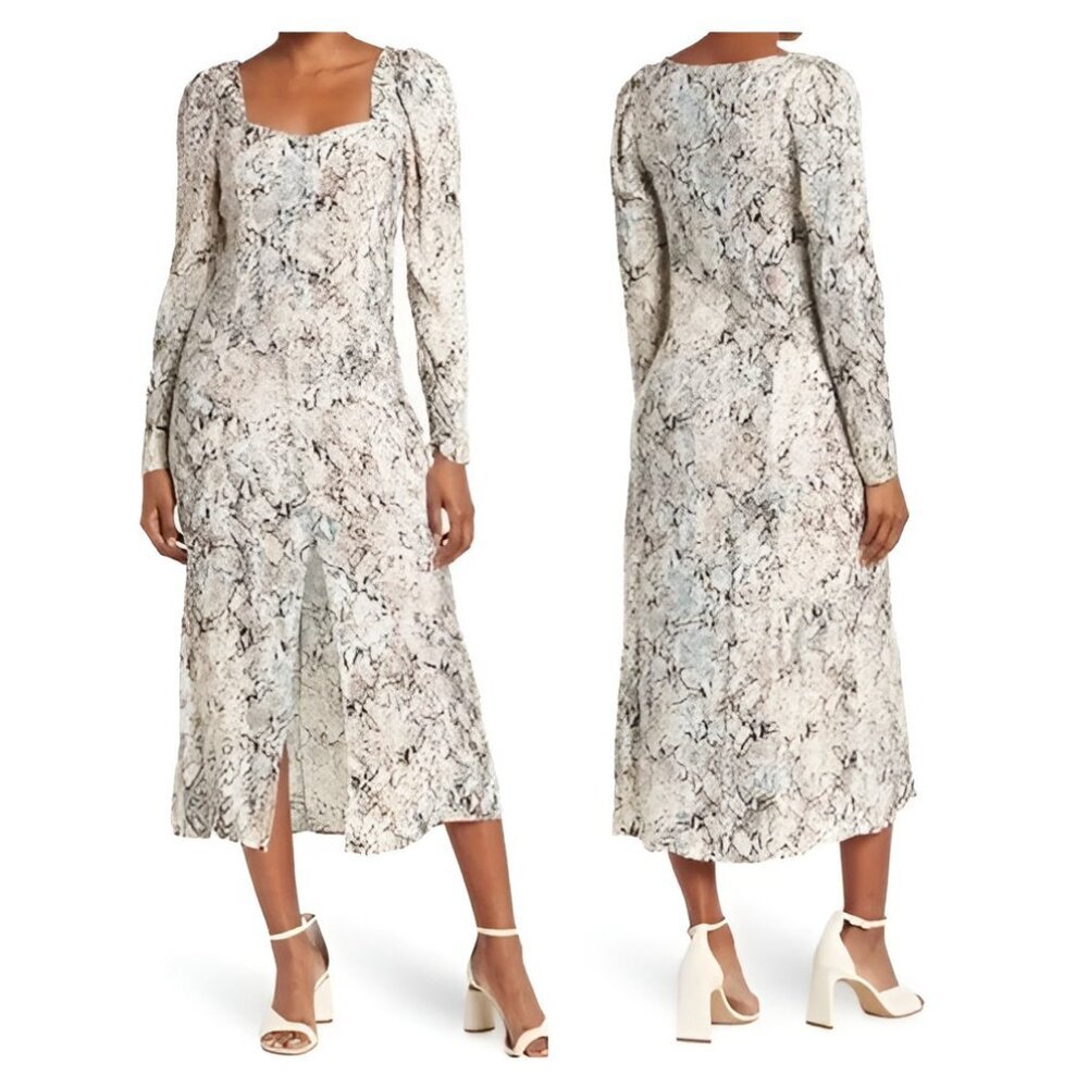 AFRM Mariska Floral Long Sleeve Midi Dress in Neutral Aqua Snake sz S Small NWT